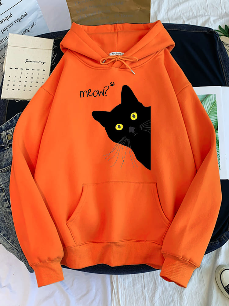 Meow Black Cat Print Hoodie